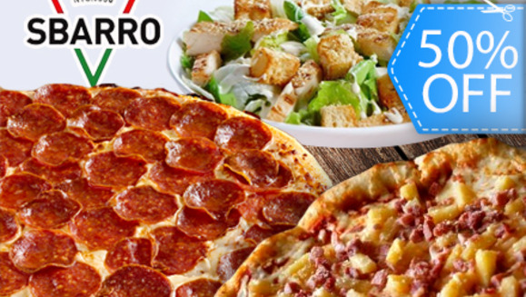 [Imagen:¡Paga Q99 en vez de Q198 por 2 Exquisitas Pizzas NY Style a Elección de 14" + 2 Ensaladas en Sbarro!]