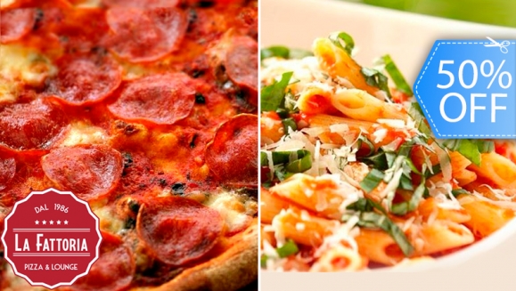 [Imagen:¡Paga Q125 en vez de Q250 por 2 Pizzas New York Style de 13’’ (8 Porciones Cada Una) ó 2 Pastas Premium a Elección + 2 Bebidas Naturales en La Fattoria!]