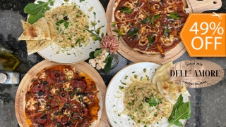 [Image: Banquete Italiano para 4: 2 Pizzas (Margarita y Diavola) + 2 Pastas + 4 Té Heladosm]