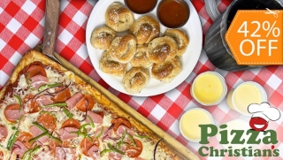 [Image: Banquete para 4: Pizza de 16 Porciones + 12 Nuditos + Bebida + 4 Flanesm]