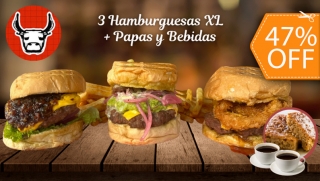 [Image: 3 Hamburguesas XL + 3 Papas + 3 Sodas + 2 Budines + 2 Cafés Americanosm]