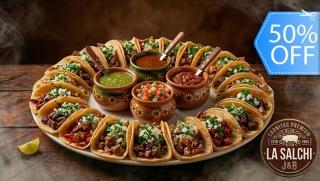 [Image: 25 Tacos de Cerdo o de Pollo + 4 Oz de Chicharrones + Acompañamientosm]