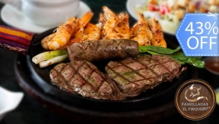 [Image: Parrillada Mar y Tierra Para 2: Lomito, Camarones, Chorizo, Bebida, Guarniciones, Postres y Cafésm]