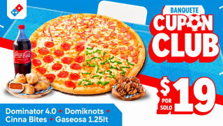 [Image: Banquete Familiar en Domino's: Pizza Dominator de 16 Porciones con 4 Ingredientes + 8 Domiknots + Cinnabites + Bebidam]