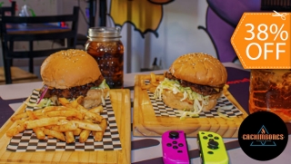 [Image: 2 Hamburguesas de Carne "Mario" + 2 Papas + 2 Sodas + 1 Hora de Juego de Nintendo Switch, PS5 y XBOXm]