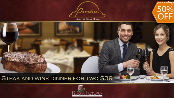 [Image: ¡Paga $39 en Vez de $78 por Menú para 2 con: 2 Cortes de Carne Top Sirloin de 12 Onzas Cada Uno + Brócoli al Gratín + Papas Gratinadas + 1 Botella de Vino + Pan Bollo + 2 Postres Tres Leches o Flan de Coco! ¡Solo 120 Cupones Disponibles!m]