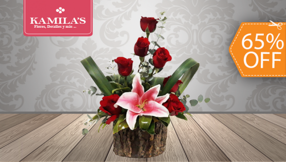 [Image: ¡Paga $23 en Lugar de $65 por Hermoso Arreglo de Flores con: 7 Rosas + 1 Lirio + Base de Madera!m]