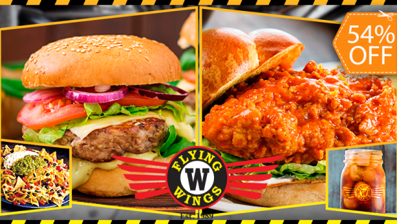 [Image: ¡Paga $15 en Lugar de $32.39 por 1 Entrada de Aros de Cebolla o Media Orden de Nachos + 2 Platos a Elección entre Buffalo Chicken Sandwich o Chessy Burger + 2 Sodas o Tés Helados con Refill!m]