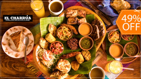[Image: ¡Paga $25 en Lugar de $49 por Parrillada Criolla Charrúa para 2 que Incluye: 8 Oz. de Churrasco + 10 Oz. de Pollo + 10 Oz. de Lechón + 2 Chorizos + 2 Consomés + Casamiento + 1 Elote + 1 Papa + Chimichurri, Escabeche y Chirmol + 2 Bebidas y Más!m]