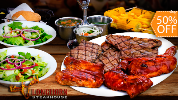 [Image: ¡Paga $29.95 en Lugar de $60 por Parrillada para 4 que Incluye: 2 Libras de Pollo + 1 Libra de Lomo de Cerdo + 1 Libra de Churrasco + Bowl de Ensalada + Salsas de la Casa + Papas Fritas o Asadas + Pan con Mantequilla y Pichel de Soda o Té Helado!m]