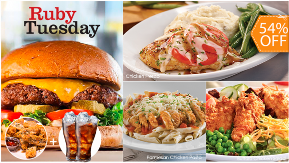 [Image: ¡Paga $15.95 en Lugar de $34.49 por 1 Entrada de Thai Spring Rolls + 2 Platos a Elección entre Crispy Buffalo Chicken Salad, Chicken Fresco, Ruby´s Classic Burger, Parmesan Chicken Pasta o Garden Bar + 2 Sodas o Tés Helados!m]