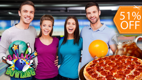 [Image: ¡Paga $20 en Lugar de $40.75 por 1 Hora de Boliche hasta para 5 personas + Alquiler de 5 Pares de Zapatos + 1 Pizza de 6 Porciones Grandes + 1 Pichel de Soda en Galaxy Bowling!m]