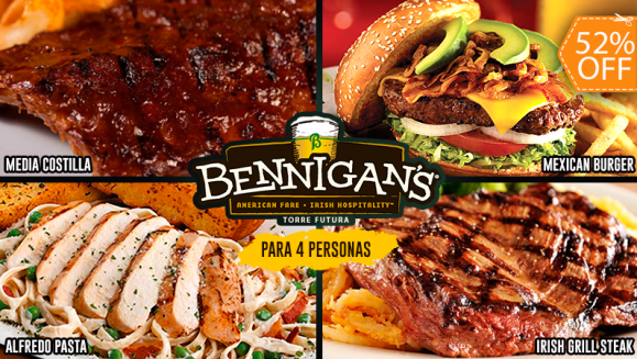 [Image: ¡Paga $29.99 en Lugar de $61.87 por Banquete para 4 Personas con: 1 Entrada de Torre de Cebolla + 4 Platos Fuertes a Elección: Irish Grilled Steak, Mexican Burger, Alfredo Pasta, Crispy Chicken Tenders y Media Costilla + 1 Jarra de Soda o Té!m]