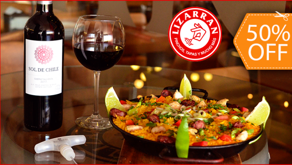 [Image: ¡Paga $18 en Lugar de $36 por Menú para Llevar que Incluye: 1 Paella de Carnes para 2 Personas + 1 Botella de Vino Sol de Chile, Merlot o Cabernet!m]