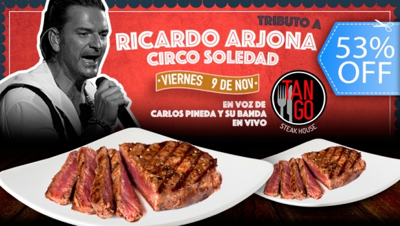 [Image: ¡Paga Q189 en lugar de Q400 por Cena Show que Incluye: 2 Entradas al Tributo a Ricardo Arjona “Circo Soledad” + 2 Platos de Lomito, Papa Horneada y Ensalada + 2 Bebidas Naturales!m]