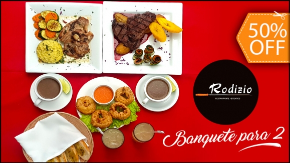 [Image: ¡Paga $17.50 en Lugar de $35 por 2 Platos de Receta Brasileña a Elección entre Steak Rodizio, Porco Gourmet (Lomo de Cerdo) o Lonja de Pescado + Guarniciones + 2 Entradas + 2 Bebidas!m]
