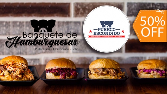 [Image: ¡Paga $8.50 en Lugar de $17 por 4 Hamburguesas de Especialidad a Elección entre: Pulled Pork, Chicharrón o Pollo + 1 Orden Grande de Papas Belgas + 2 Tés Helados de Limón!m]