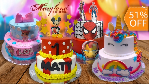 [Image: ¡Paga $39 en Lugar de $80 por Pastel de 2 Pisos con Relleno Premium y Decorado con Plaquitas de Dulce! ¡Rinde hasta para 50 Porciones! ¡Más de 100 Diseños Disponibles!m]