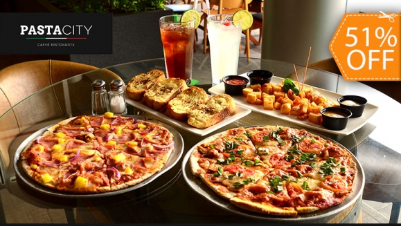 [Image: ¡Paga $15 en Lugar de $30.30 por 2 Pizzas Personales a Elección entre Hawaiana, Diávola, Margarita, Vegetariana, o Funghi + 1 Orden de Pan de Ajo con Queso Gratinado + 1 Tabla de Patatas con Salsa Barbacoa, Arrabiata y Mostaza Miel + 2 Bebidas!m]