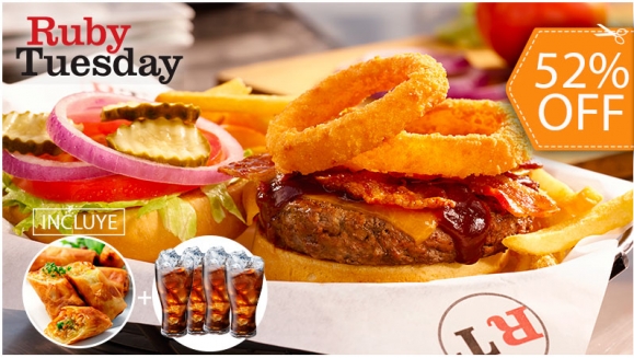 [Image: ¡Paga $28 en Lugar de $58 por 1 Entrada de Thai Spring Rolls + 4 Platos a Elección entre Smokehouse Burger, Ruby Cheeseburger Sliders, Buffalo Bleu Chicken Slider o Chicken BLT + 4 Sodas o Tés Helados!m]