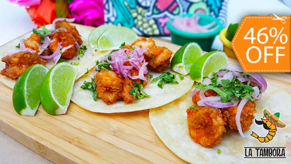 [Image: ¡Paga $13 en Lugar de $24 por 2 Órdenes de Tacos de Camarón o Pescado de Especialidad a Elección + 1 Orden de Nachos (Tambonachos) + 2 Sodas o Bebidas Naturales! ¡Solo 503 Cupones Disponibles!m]