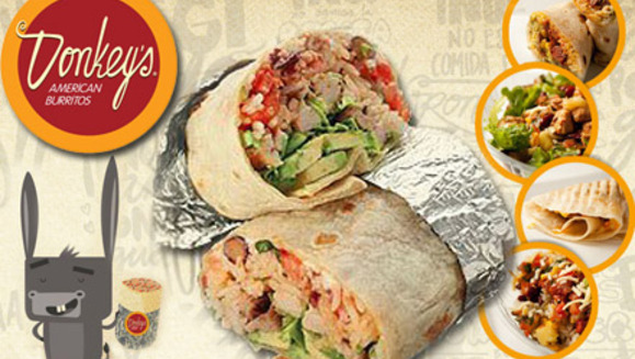 [Image: ¡Paga $7 en lugar de $15.48 por 2 burritos grandes + 1 orden de nachos + 2 gaseosas o 2 tés helados en Donkey’s American Burritos! ¡Puedes visitar el food court de Multiplaza o sucursal Escalón!m]