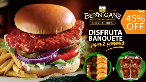 [Image: ¡Paga $17 en Vez de $30.95 por Menú para 2 Personas: 1 Entrada de Torre de Aros de Cebolla + 2 Platos a Elección entre Cheeseburger Bites, Buffalo Chicken Sandwich, Kilkenny´s Chicken Wrap o Chicken Stir Fry + 2 Sodas o Tés Helados con Refill!m]