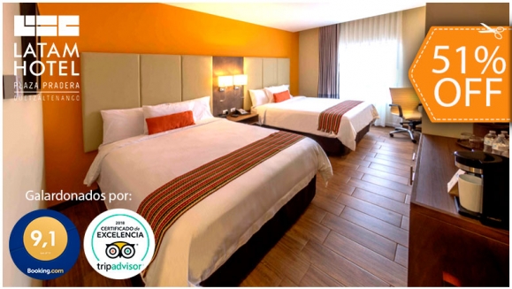 [Image: ¡Paga $77 en Lugar $158 por Estadía Familiar en LATAM, Xela Guatemala: Habitación Doble Queen para 2 Adultos y hasta 2 Niños + 4 Desayunos Buffet + Acceso al Roof Top con Piscina Climatizada, Jacuzzi, Sauna Seco y Gimnasio!m]