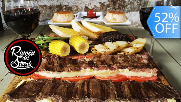 [Image: ¡Paga Q345 en lugar de Q716 por Menú para 2 que incluye: 24 Onzas de Entraña Premium con Queso + 4 Guarniciones a elección + 2 Bebidas + 2 Porciones de Pan y 2 Postres!m]