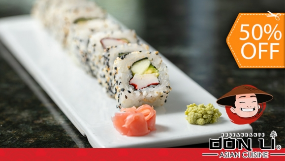 [Imagen:¡Paga $22 en Lugar de $44 por Banquete de Sushi hasta para 5 Personas que Incluye: 1 Crunchy Crab Roll + 1 Honolulu Roll + 1 California Roll + 1 Dancing Roll + 1 Plátano Roll + 1 Orden de Wantanes de Pollo + 1 Litro de Té Helado!]