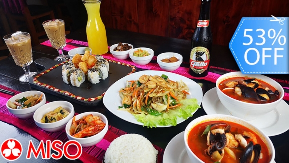 [Imagen:¡Paga Q169 en lugar de Q356 por Menú “Sea Food Lover” para 2 con: 2 Sopas de Mariscos (Camarones, Pulpo, Calamar y Almejas) + 1 Tempura Roll Sushi + 1 Japchae de Camarón (Fideos de Camote) + 2 Cervezas o 2 Bebidas Naturales + 2 Lattes Coreanos!]