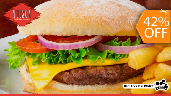 [Image: ¡Paga $14.99 en Lugar de $25.98 por 2 Platos a Elección entre: Tucson Burger, Pollo Porcini, &amp; Panceta o Bacon Burger + 1 Entrada Onion Blossom o 1 Postre (Cheesecake) + 2 Sodas!m]