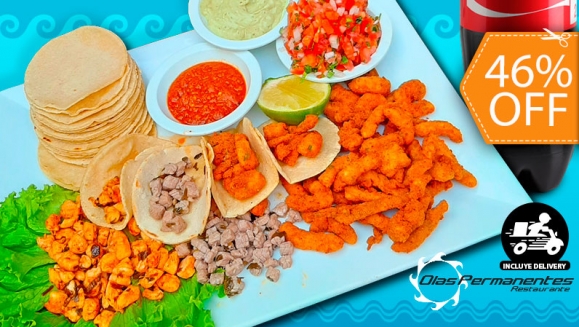 [Image: ¡A Domicilio! ¡Paga $20 en Lugar de $37 por Taquiza Mar y Tierra que Incluye: 20 Tortillas + 1 Libra de Mariscos y Carnes: Camarón, Pescado, Calamar, Res y Pollo + Chirmol + Salsa de Aguacate + Salsa Picante + 1.25 L de Coca Cola!m]