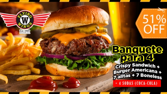 [Image: ¡A Domicilio! ¡Paga $19.99 en Lugar de $40.85 por Menú para 4: 1 Crispy Sandwich + 1 Burger Americana + 7 Alitas + 7 Boneless + 4 Sodas!m]