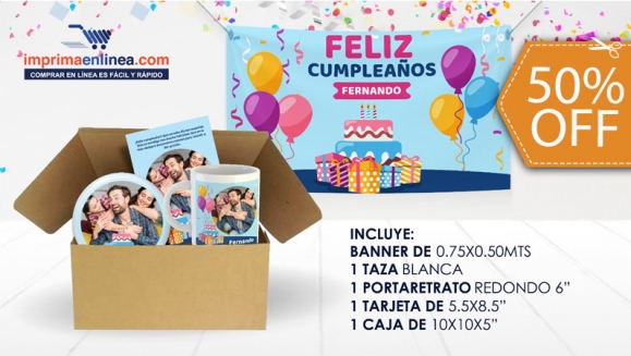 [Image: ¡Haz de tu Celebración un Momento Memorable! ¡Paga $12 en Lugar de $24 por Kit Personalizado de Celebración en Casa: Banner + Taza +Tarjeta Media Carta + Portarretrato Redondo + Caja de Regalo!m]