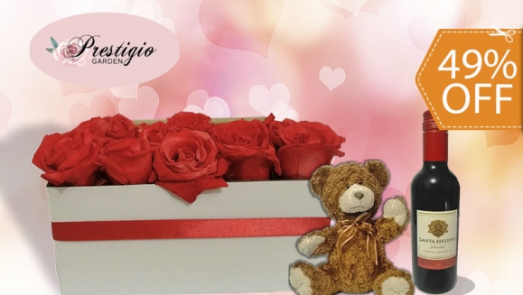 [Image: ¡Paga $42 en Lugar de $82.49 por Lindo Arreglo de 12 Rosas Preservadas + Botella de Vino + Peluche!m]