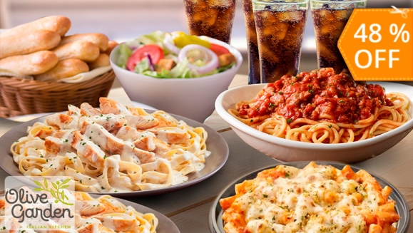 [Image: ¡Paga $27.95 en Lugar de $53.52 por 2 Chicken Fettuccine Alfredo + 1 Five Cheese Ziti + 1 Spagueti Meat Sauce + Bowl de ensalada + 4 Breadsticks + 4 Sodas!m]