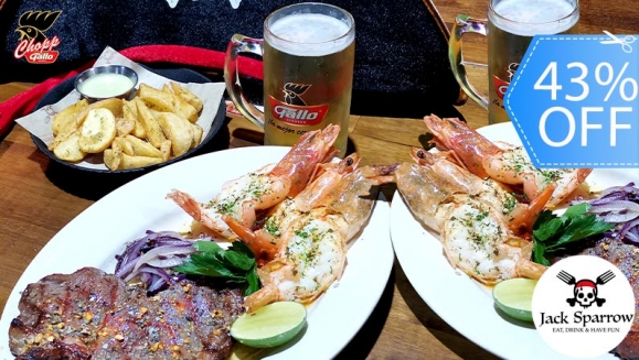 [Image: ¡Paga Q225 en Lugar de Q398 por 2 Platos Mar y Tierra que Incluye: 1 Libra de Puyazo + 1 Libra Camarones Jumbo en Salsa de Ajo + Papas Ajo-Perejil para Compartir + 2 Tarros de Cerveza de Barril Gallo Chopp!m]