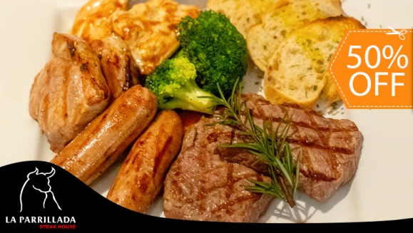 [Image: ¡Paga $15 en Lugar de $30 por Parrillada para 2 que Incluye: 2 Medallones de Res + 2 Medallones de Pollo + 2 Medallones de Cerdo + 2 Chorizos + Guarniciones: Vegetales Asados y Ensalada de La Casa + 1 Orden de Pan con Ajo!m]