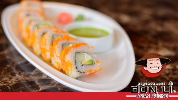 [Imagen:¡Paga $22 en Lugar de $44 por Banquete de Sushi hasta para 5 Personas que Incluye: 1 Crunchy Crab Roll + 1 Honolulu Roll + 1 California Roll + 1 Dancing Roll + 1 Plátano Roll + 1 Orden de Wantanes de Pollo + 1 Litro de Té Helado!]