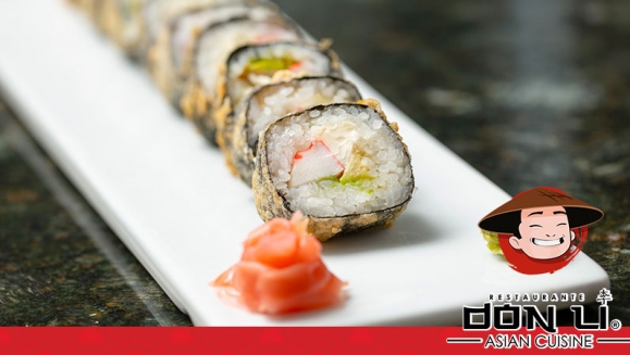 [Image: ¡Paga $22 en Lugar de $44 por Banquete de Sushi hasta para 5 Personas que Incluye: 1 Crunchy Crab Roll + 1 Honolulu Roll + 1 California Roll + 1 Dancing Roll + 1 Plátano Roll + 1 Orden de Wantanes de Pollo + 1 Litro de Té Helado!m]