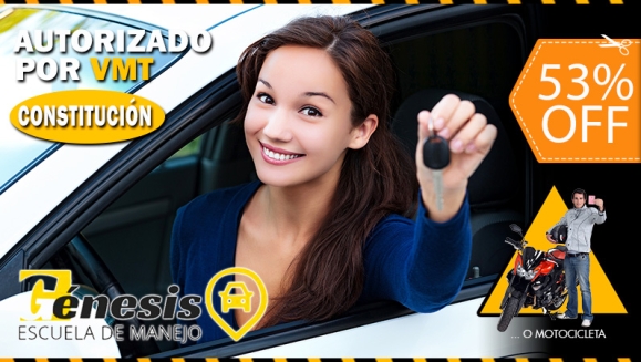 [Image: ¡Paga $70 en Lugar de $150 por 10 Clases Prácticas en Carro Sedan Estándar o Motocicleta + 5 Clases Teóricas + 1 Clase de Mecánica Básica + 20% de Descuento en Trámite de Licencia en Génesis Constitución!m]