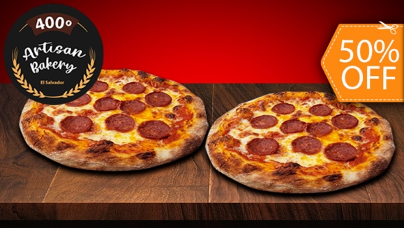 [Image: ¡Paga $13 en Lugar de $26 por 2 Pizzas Artesanales de 8 Porciones C/U con Orilla de Queso y de Especialidad a Elección entre: Pepperoni o Jamón + 1 Litro de Té de Jamaica! ¡Para Llevar!m]