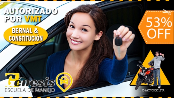 [Image: ¡Paga $70 en Lugar de $150 por 10 Clases Prácticas en Carro Sedan Estándar o Motocicleta + 5 Clases Teóricas + 1 Clase de Mecánica Básica + 20% de Descuento en Trámite de Licencia en Génesis Bernal y Constitución!m]