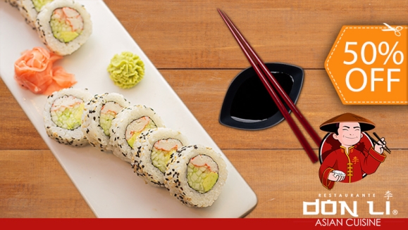 [Image: ¡Paga $24 en Lugar de $48 por Banquete de Sushi hasta para 5 Personas que Incluye: 1 Crunchy Crab Roll + 1 Honolulu Roll + 1 Manhattan Roll + 1 Char Siu Roll + 1 California Roll + 1 Orden de Wantanes de Pollo + 1 Pichel De Té Helado!m]