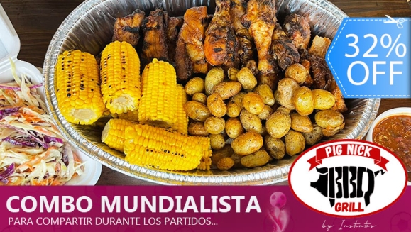 [Imagen:¡Paga Q225 en Lugar de Q330 por Combo Mundialista para 4 que Incluye: Costillas + Costillitas + Piernas de Pollo + Pulled Pork + 4 Guarniciones de Elote a la Parrilla + Coleslaw + Papas Bravas + Frijoles Charros + 4 Bebidas Naturales!]