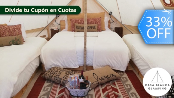 [Imagen:¡Paga Q799 en Lugar de Q1,195 por Estadía para 4 en Carpa de Lujo Equipada con: Deck Privado + Camas + Baño + Churrasquera + Utensilios de Cocina + Filtro de Agua + Fogata + Uso de Jacuzzi y Más!]