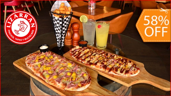 [Image: ¡Paga $18.95 en Lugar de $44.80 por 2 Cocas Españolas (Tipo Pizza) de Especialidad a Elección: Vegetariana, Salami, Hawaiana o Pollo BBQ + 1 Orden de Papas Bravas + 1 Jarra de Limonada, Naranjada, Gaseosa o Te Helado + 1 Orden de Churros Españoles!m]