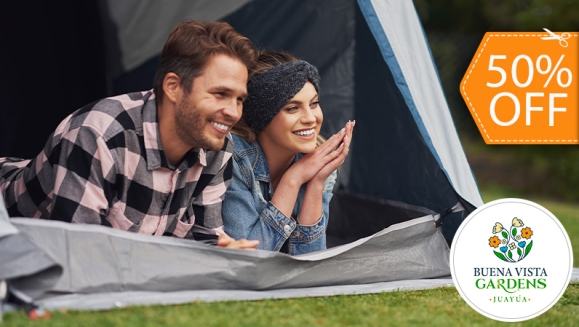 [Image: ¡Paga $30 en Vez de $60 por Camping al Aire Libre para 2 que Incluye: 2 Entradas al Ecoparque + 1 Tienda de Campaña + 2 Colchonetas + 2 Desayunos + 2 Cenas + Fogata + Guía de Senderismo y Tour Básico de Café + Piscina y Más! ¡Solo 53 Disponibles!m]