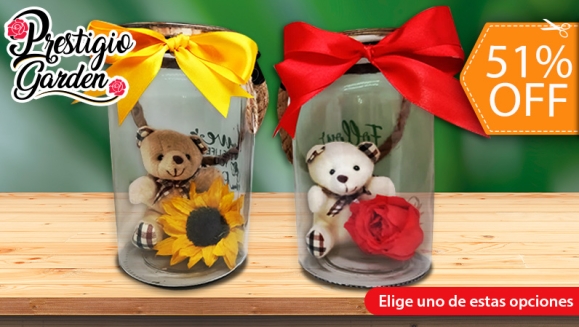 [Image: ¡Paga $27 en Lugar de $55 por Rosa o Girasol Preservada con Osito de Peluche en Domo de Vidrio (11 cm de Ancho y 18 cm de Alto)!m]